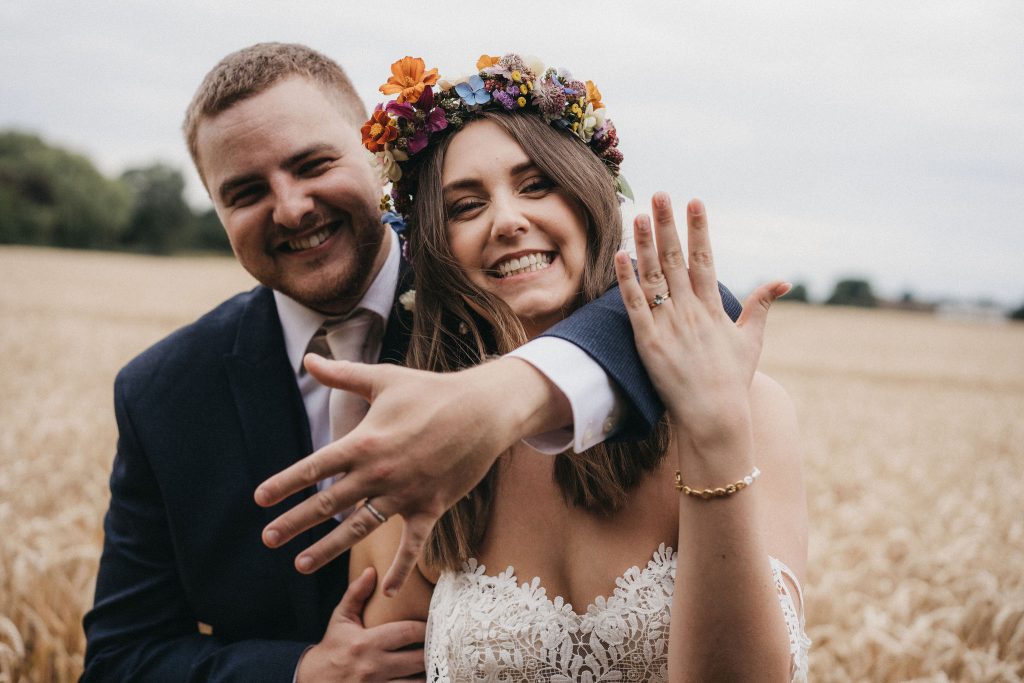 bride and groom wedding dress flower crown